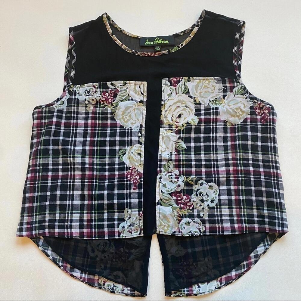 Sam Edelman XS‎ Red Black Plaid Floral Hi-Low Sheer Crop Top